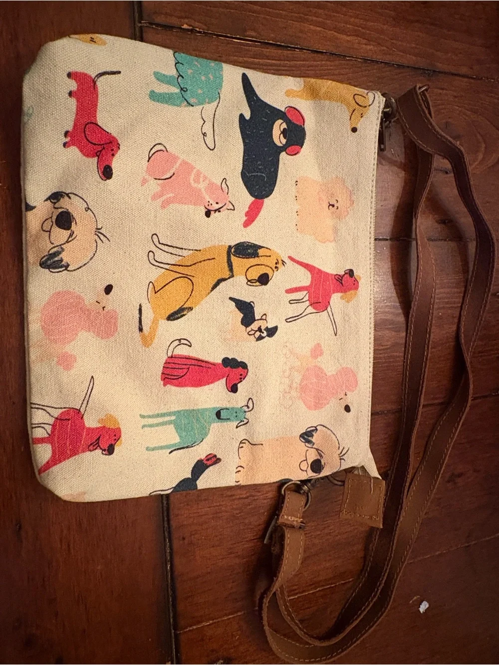 Small Canvas Dog Print Crossbody Bag with Brown Strap